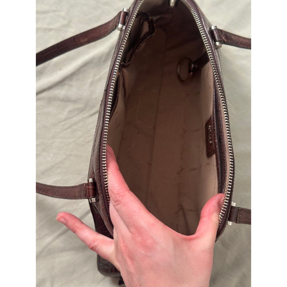 Monsac Brown Genuine Leather Croc Embossed Large Shoulder Bag Purse Zip Closure - Picture 7 of 12